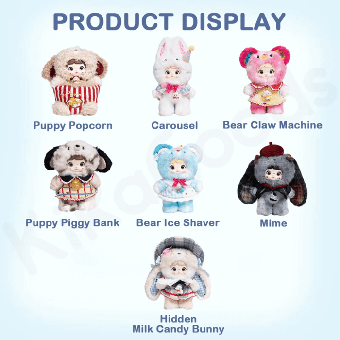 Nommi About the Childhood blind box character lineup with 6 regular designs and 1 hidden design