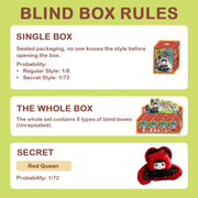 Nommi Fairytale Town blind box rules showing 8 regular designs and Red Queen secret odds
