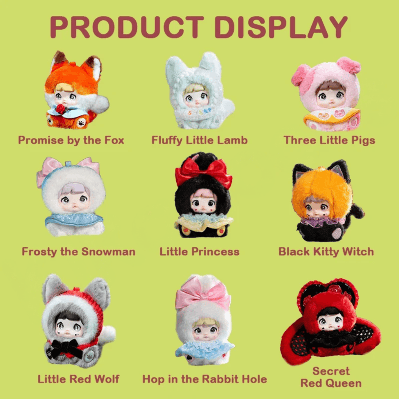 Nommi Fairytale Town character guide showing eight regular plush designs and secret Red Queen