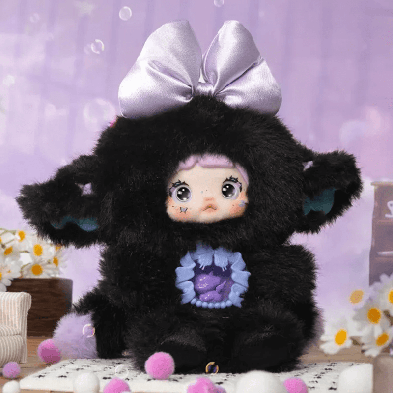 Eclipse plush – midnight‑black suit, silver bow and lilac moon core, HiChance blind box collectable.
