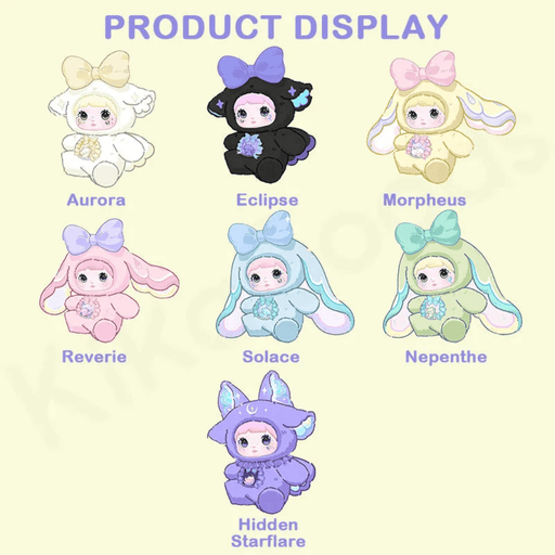 Illustration showing six regular Nommi Fantasy World plush designs plus hidden Starflare.
