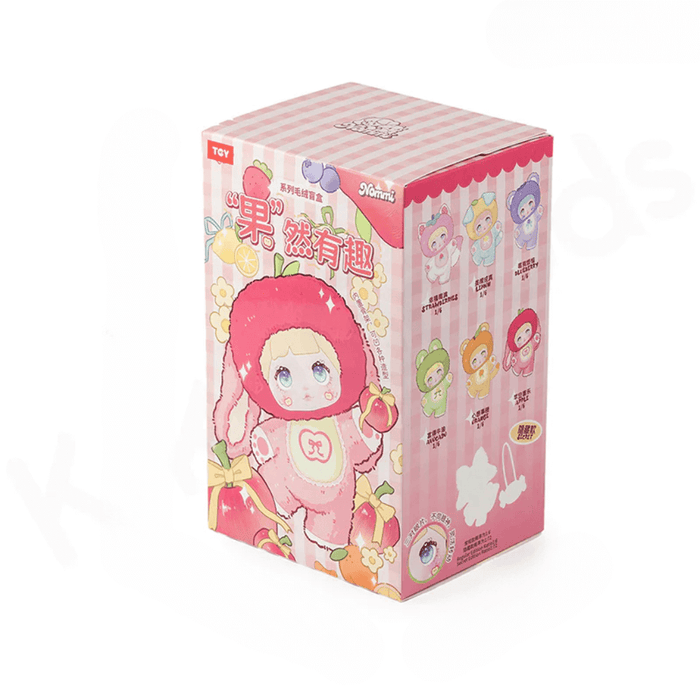 Pink Nommi Interesting Fruits blind‑box packaging with line‑art of the fruit characters.
