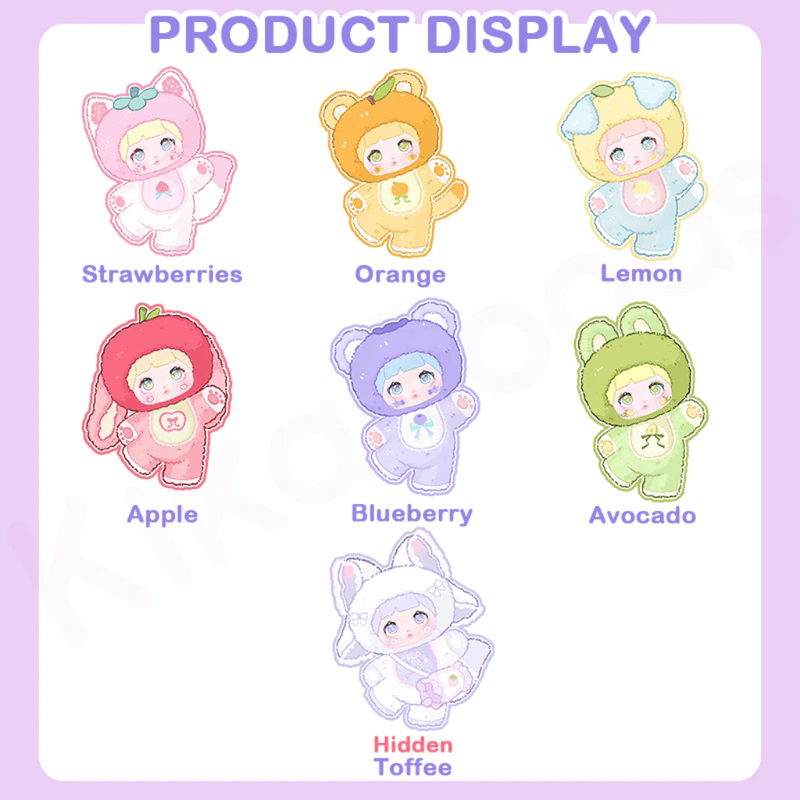 Illustration showing six Nommi Interesting Fruits plush designs plus hidden Toffee.
