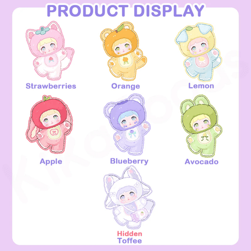 Illustration showing six Nommi Interesting Fruits plush designs plus hidden Toffee.
