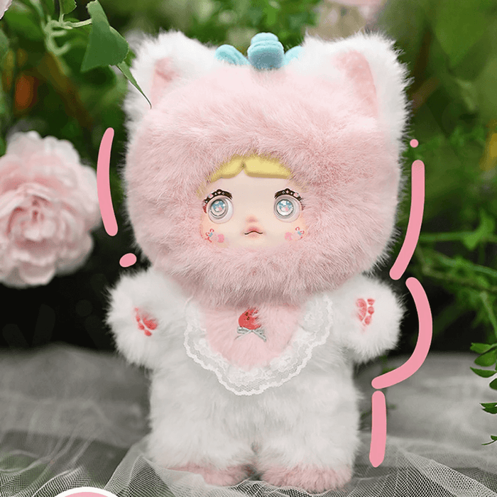 Strawberries Nommi – white suit with rosy‑pink hood, embroidered berry bib and cat ears.
