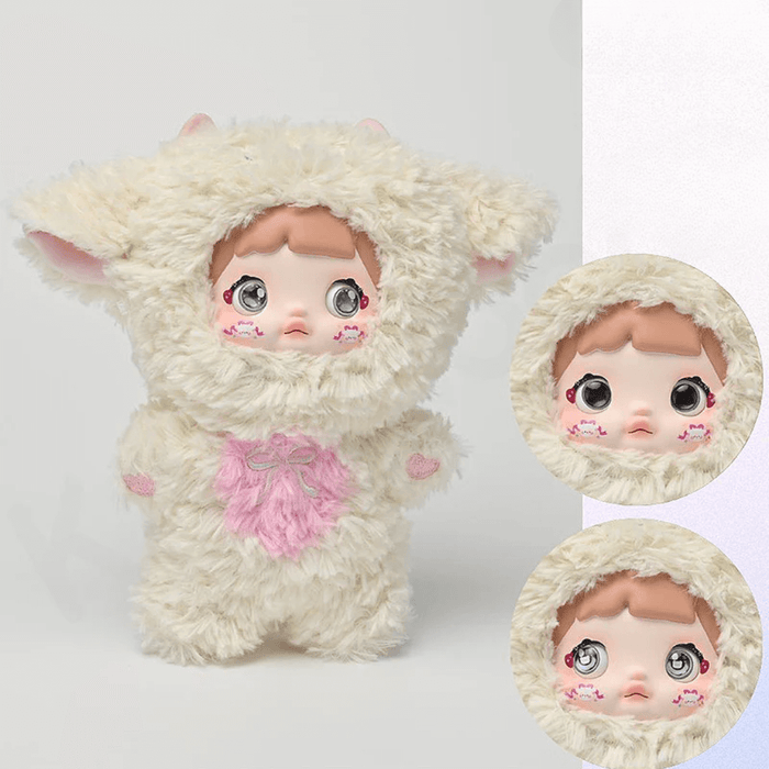 Creamy Sheep NENE plush in ivory fleece with pink bow bib; insert shows grey → silver eye switch.
