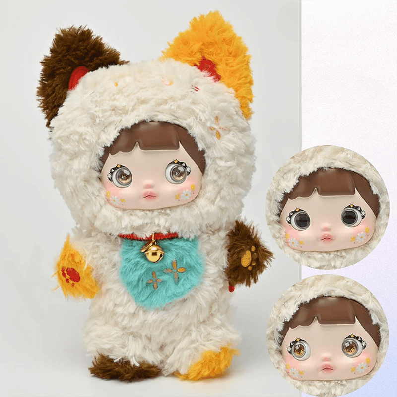 Hidden Lucky Cat XIXI plush in calico hues, bell charm and teal bib; reveals three eye variations.

