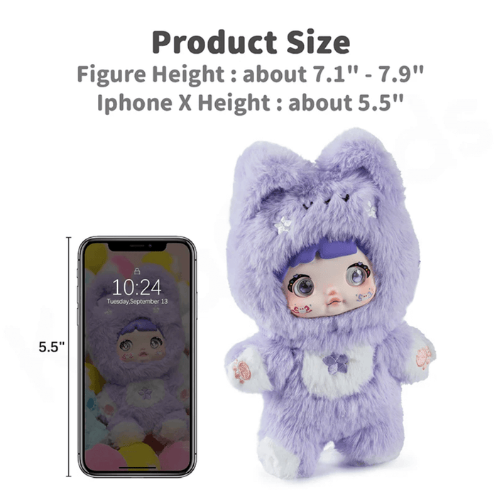 “Product size comparison – lavender Nommi plush (7.5 in) beside 5.5 in iPhone X”
