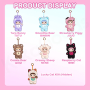 Illustration of 6 regular styles plus hidden Lucky Cat XIXI with names and key‑ring loops.
