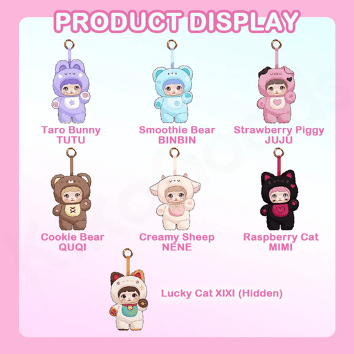 Illustration of 6 regular styles plus hidden Lucky Cat XIXI with names and key‑ring loops.
