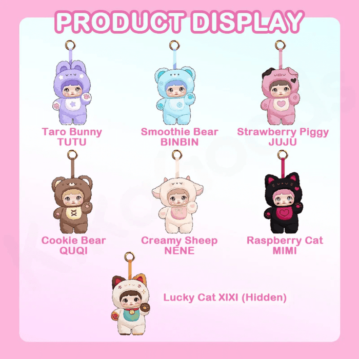 Illustration of 6 regular styles plus hidden Lucky Cat XIXI with names and key‑ring loops.
