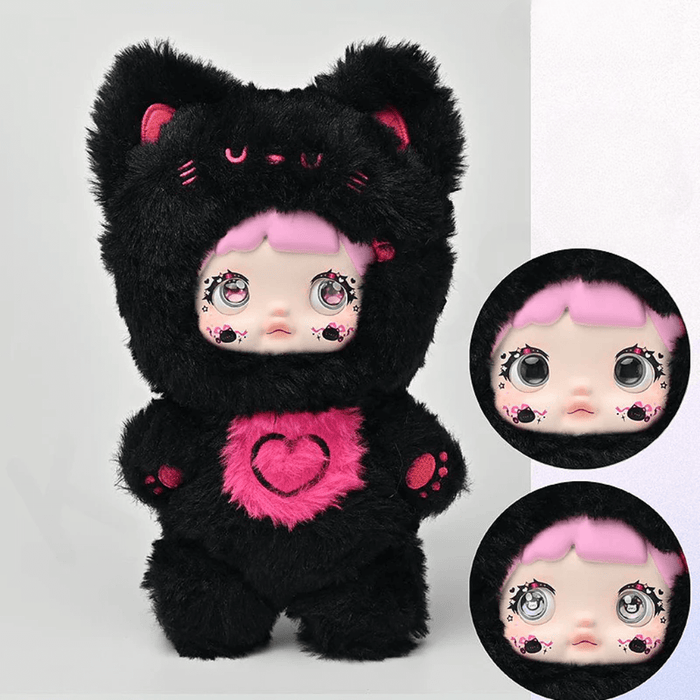 Raspberry Cat MIMI plush in black‑and‑pink fur; inset circles display color‑changing eyes.
