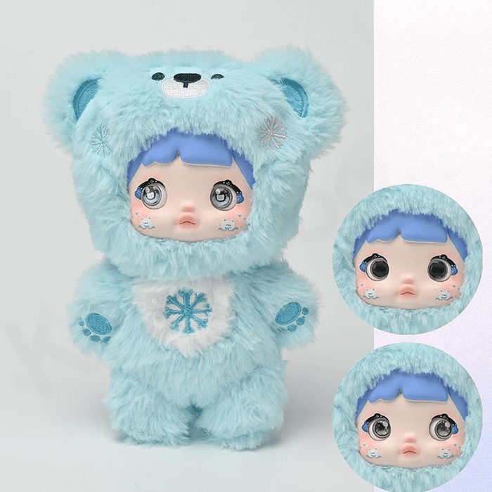 Sky‑blue Smoothie Bear BINBIN plush with snowflake tummy; close‑ups of black→grey iris change.
