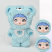 Sky‑blue Smoothie Bear BINBIN plush with snowflake tummy; close‑ups of black→grey iris change.
