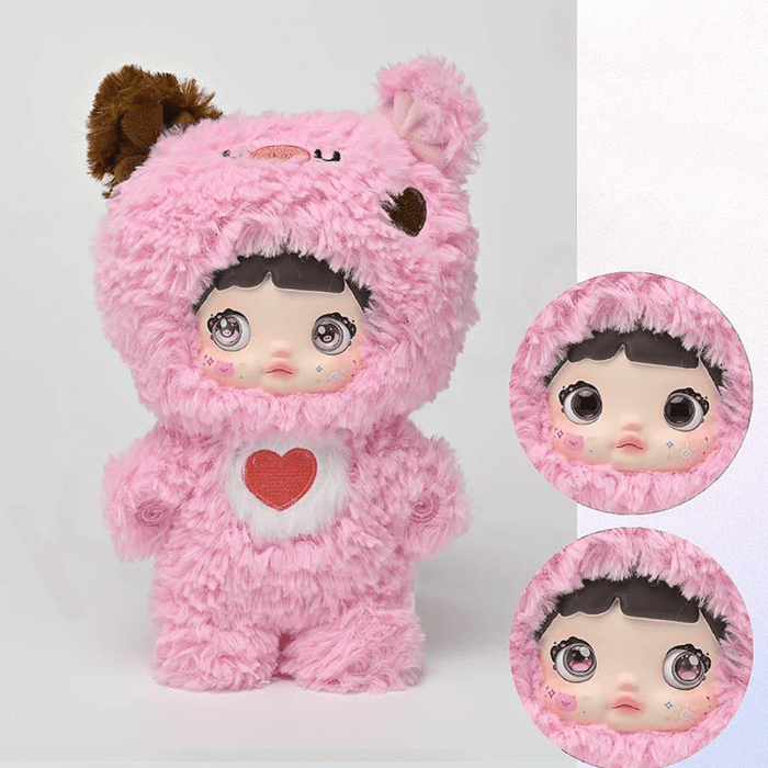 Strawberry Piggy JUJU plush in bubble‑gum pink with heart belly patch and moving eye effects.
