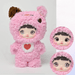 Strawberry Piggy JUJU plush in bubble‑gum pink with heart belly patch and moving eye effects.

