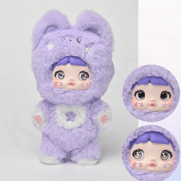 Lavender Taro Bunny TUTU plush with star forehead and paw pads; inserts show eye color shift.
