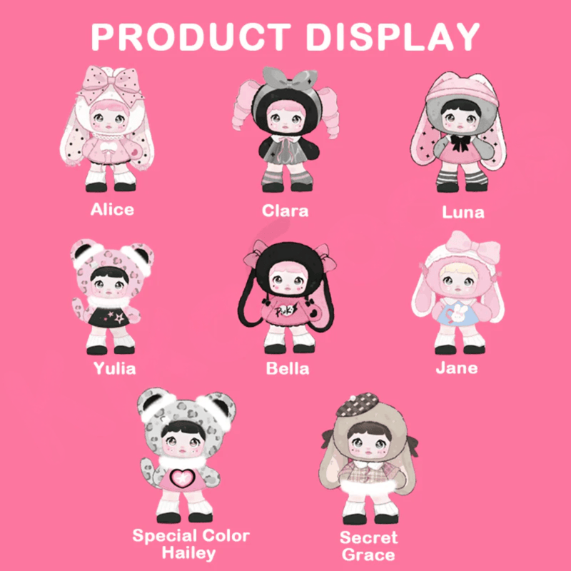 Nommi Pinky Energy Series Plush Blind Box character line-up with Alice, Clara, Luna, Yulia, Bella, Jane, Hailey and Grace