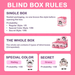 Nommi Pinky Energy Series Plush Blind Box rules showing regular, special colour and secret style probabilities