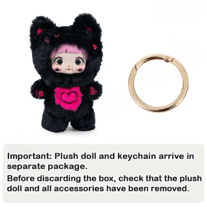 “Black Raspberry Cat Nommi plush with separate gold split‑ring keychain accessory”