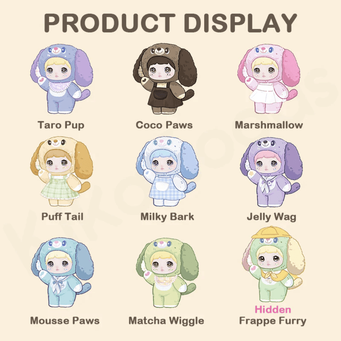 Nommi Puppy Diary Series blind box character lineup with 8 regular designs and 1 hidden design