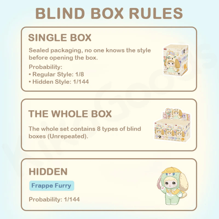 Nommi Puppy Diary Series blind box rules showing regular and hidden figure ratios