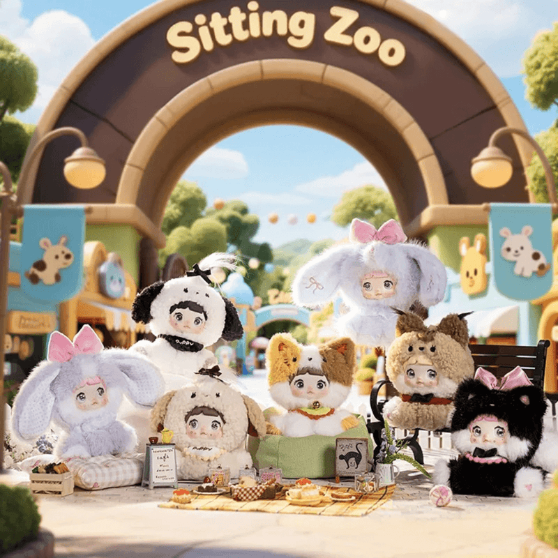 Nommi Sitting Zoo plush blind box collection displayed together outside the Sitting Zoo