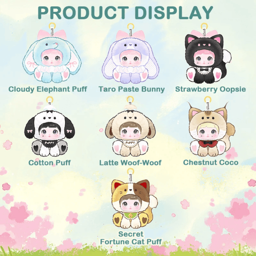 Nommi Sitting Zoo character guide showing six regular plush designs and Fortune Cat Puff secret