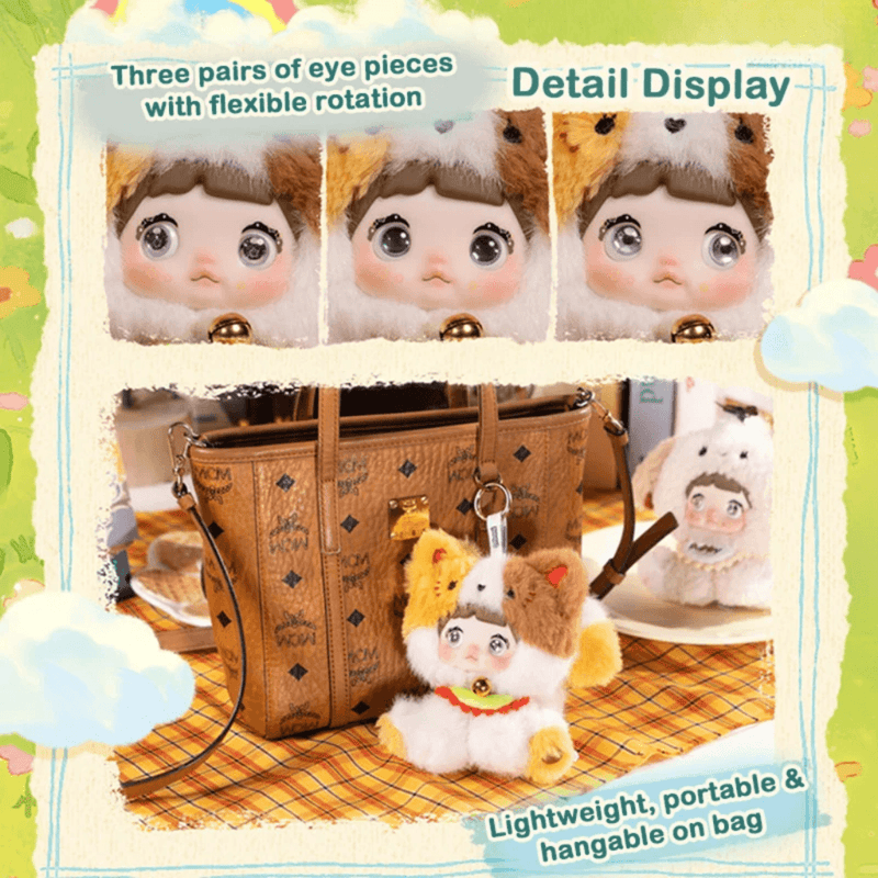 Nommi Sitting Zoo detail guide showing rotating eye pieces and hanging bag attachment