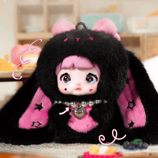 Berry Jump Candy Nommi Sweetheart Bunny plush in black and pink with heart charm