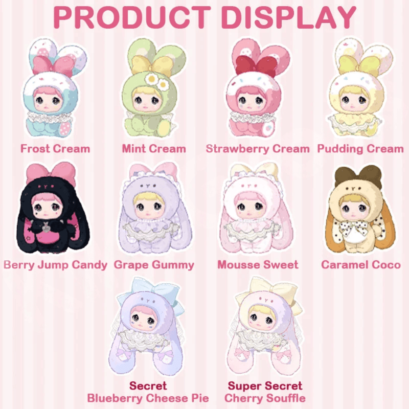 Nommi Sweetheart Bunny character guide showing eight regular designs and two secret plushes