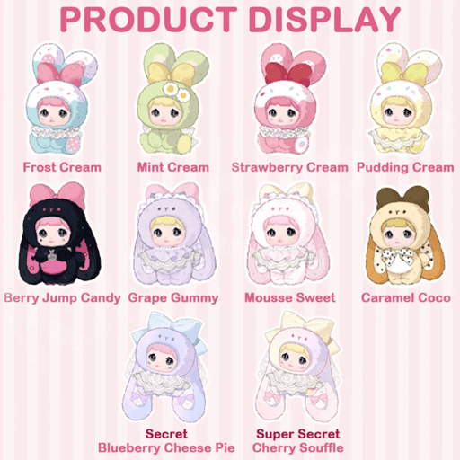 Nommi Sweetheart Bunny character guide showing eight regular designs and two secret plushes