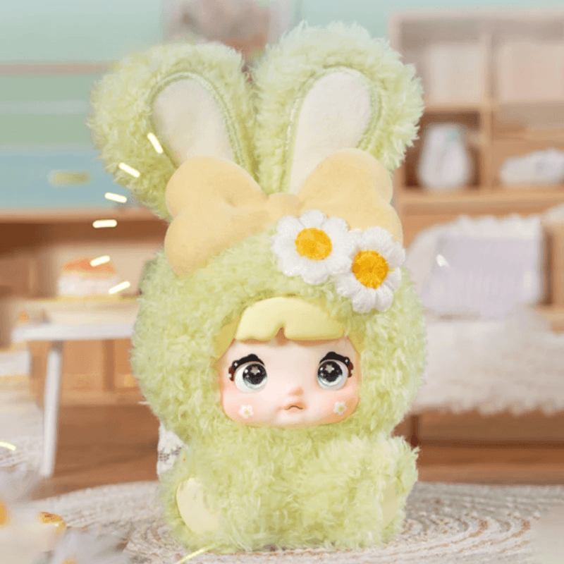 Mint Cream Nommi Sweetheart Bunny plush in pastel green with bow and daisy details