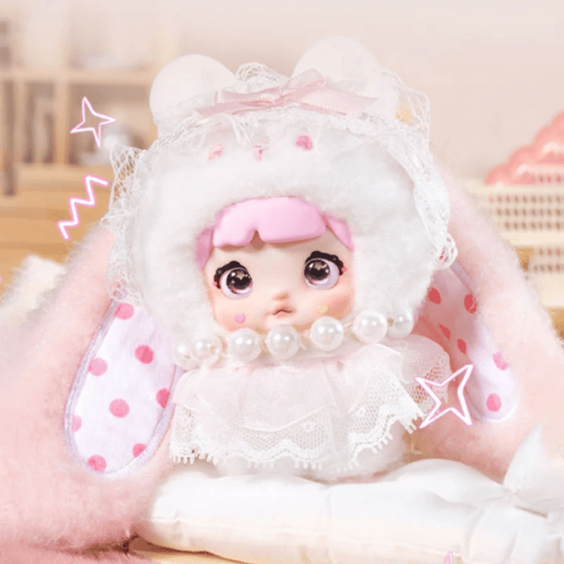 Mousse Sweet Nommi Sweetheart Bunny plush with pink ears, lace collar and pearl details
