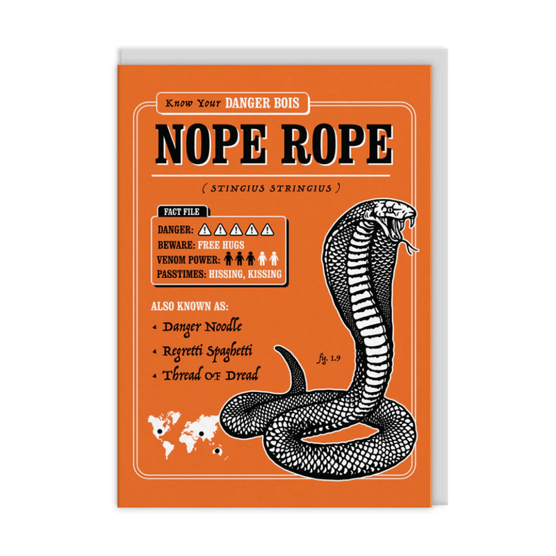 Funny Nope Rope snake greeting card with black cobra on orange background, parody fact file warns of danger noodle
