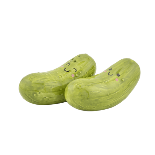 Novelty pickle salt and pepper shaker set shown from an angled side view