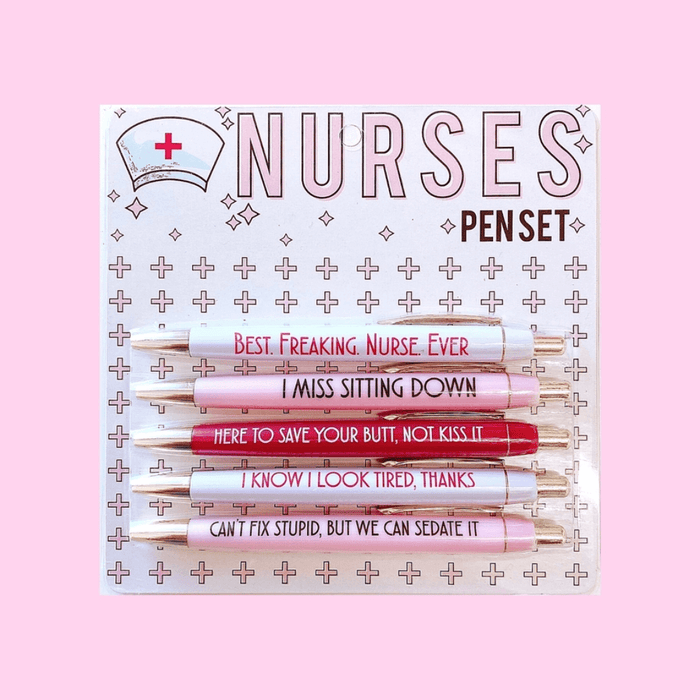 Nurses pen set with five black ink ballpoint pens featuring funny nursing quotes in pink and white colours
