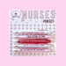Nurses pen set with five black ink ballpoint pens featuring funny nursing quotes in pink and white colours