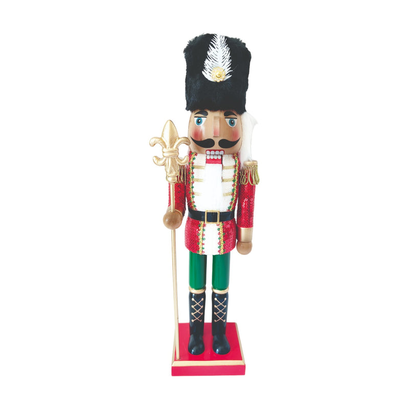 35.5cm nutcracker soldier with red sequin jacket, gold staff and black bearskin hat on red base.

