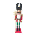 35.5cm nutcracker soldier with red sequin jacket, gold staff and black bearskin hat on red base.

