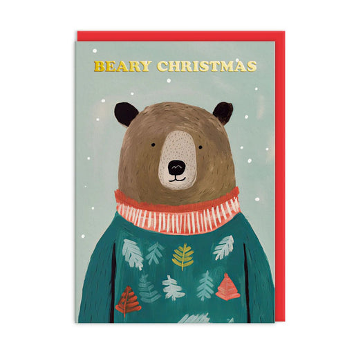 Christmas card with brown bear in teal jumper on green background; gold-foil Beary Christmas text; A6, blank inside, poppy red envelope by Ohh Deer