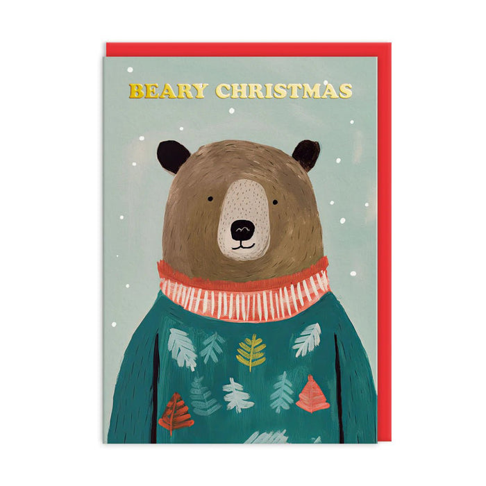 Christmas card with brown bear in teal jumper on green background; gold-foil Beary Christmas text; A6, blank inside, poppy red envelope by Ohh Deer