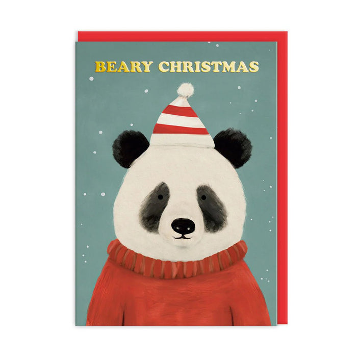 Christmas card with panda in red jumper and striped hat on teal background; gold-foil Beary Christmas text; A6, blank inside, poppy red envelope by Ohh Deer