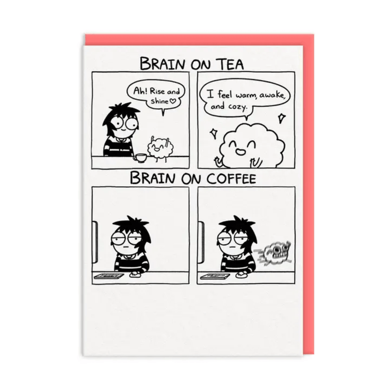 Ohh Deer Brain On Tea funny A6 greeting card with coral envelope