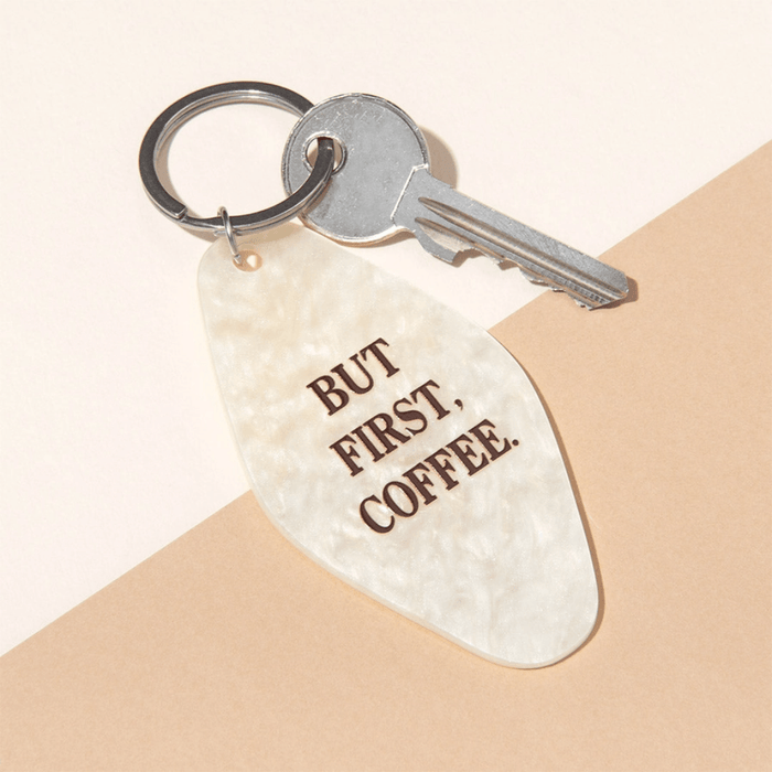Ohh Deer But First Coffee keyring attached to a set of keys