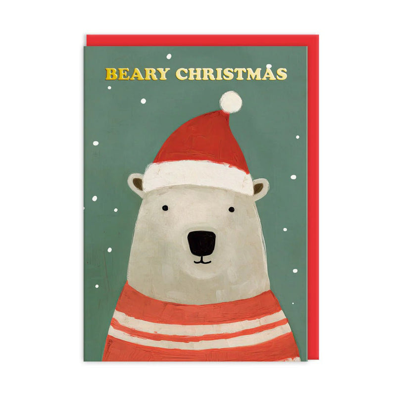 Christmas card with polar bear in red striped jumper and Santa hat on green background; gold-foil Beary Christmas text; A6, blank inside, poppy red envelope by Ohh Deer