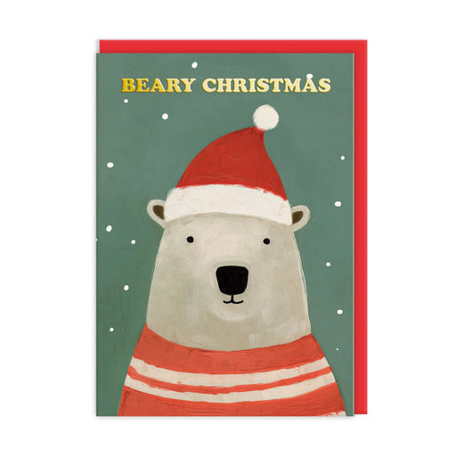 Christmas card with polar bear in red striped jumper and Santa hat on green background; gold-foil Beary Christmas text; A6, blank inside, poppy red envelope by Ohh Deer