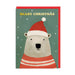 Christmas card with polar bear in red striped jumper and Santa hat on green background; gold-foil Beary Christmas text; A6, blank inside, poppy red envelope by Ohh Deer