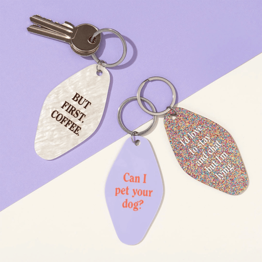 Selection of colourful Ohh Deer funny quote keyrings including coffee and dog designs