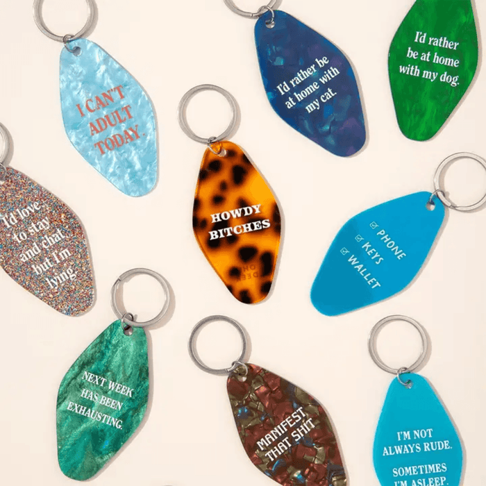Selection of colourful Ohh Deer funny quote keyrings